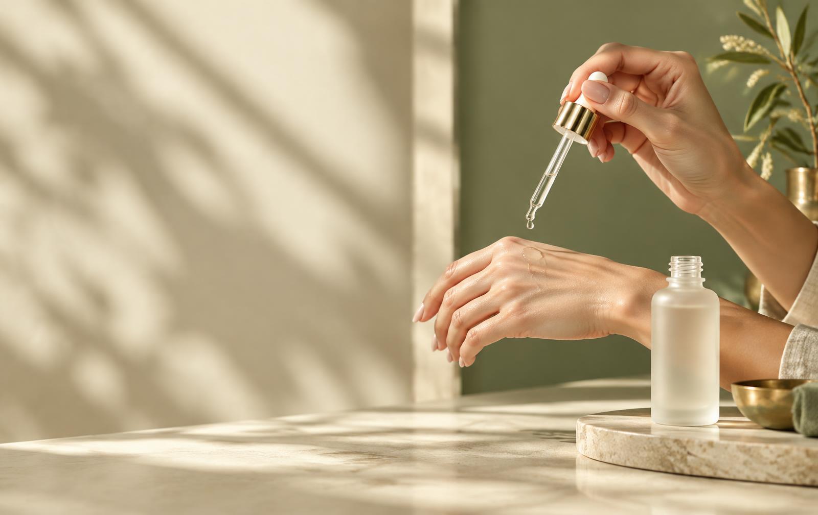 Ritual de skincare con serum y tonos cálidos